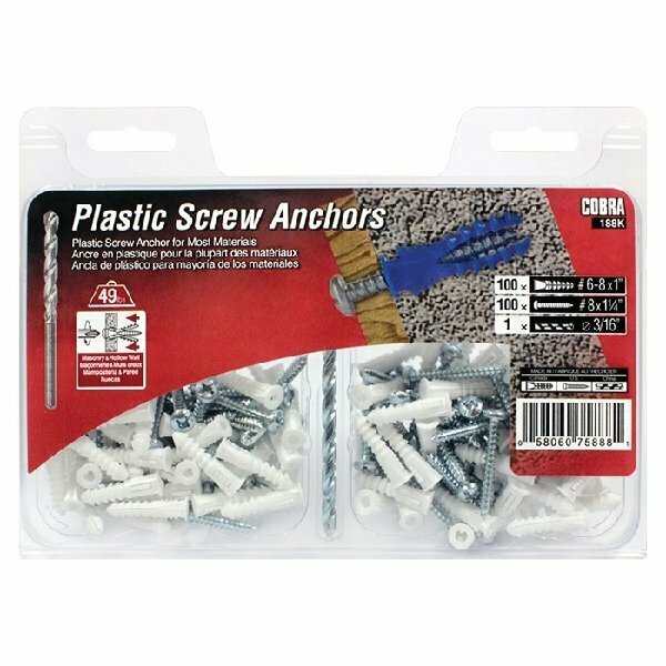 Cobra Anchors Cobra Anchors Screw Anchor Kit, 1 in L, Plastic, 100 lb 188K